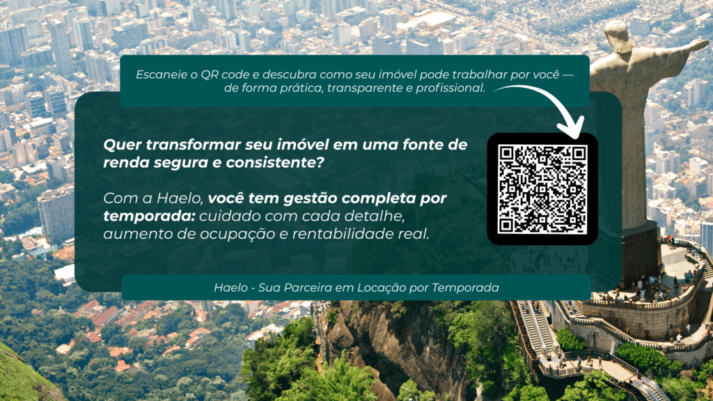 Vista aérea do Rio de Janeiro com Cristo Redentor e banner da Haelo oferecendo gestão completa para aluguel por temporada via QR code