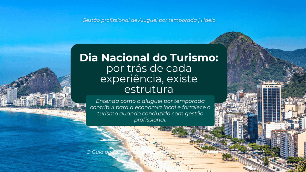 Imagem do Rio de Janeiro com praia e montanhas representando o Dia Nacional do Turismo e o impacto do aluguel por temporada na economia local