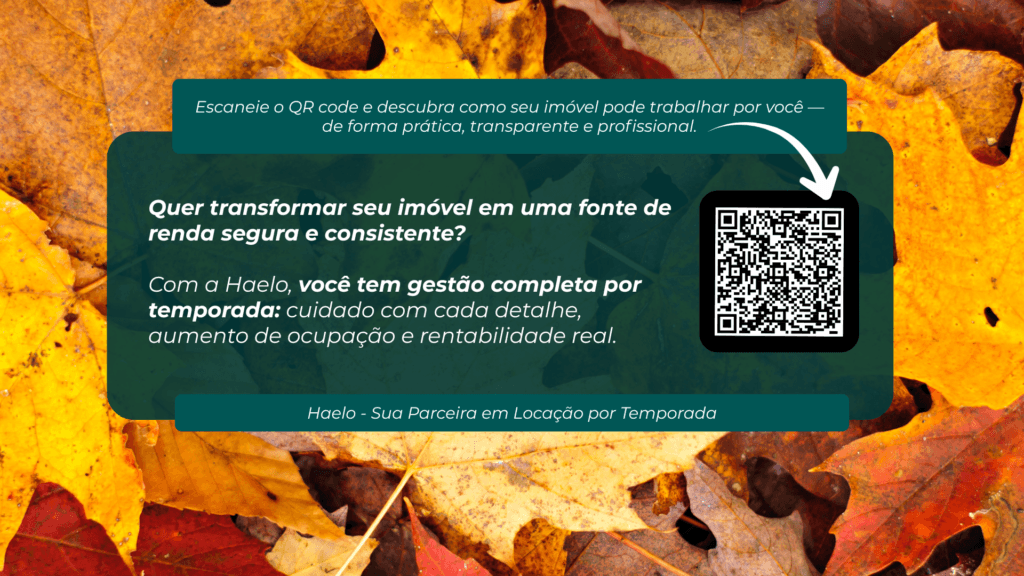 Imagem temática de outono com convite para transformar imóvel em fonte de renda através da gestão profissional de aluguel por temporada da Haelo no Rio de Janeiro.
