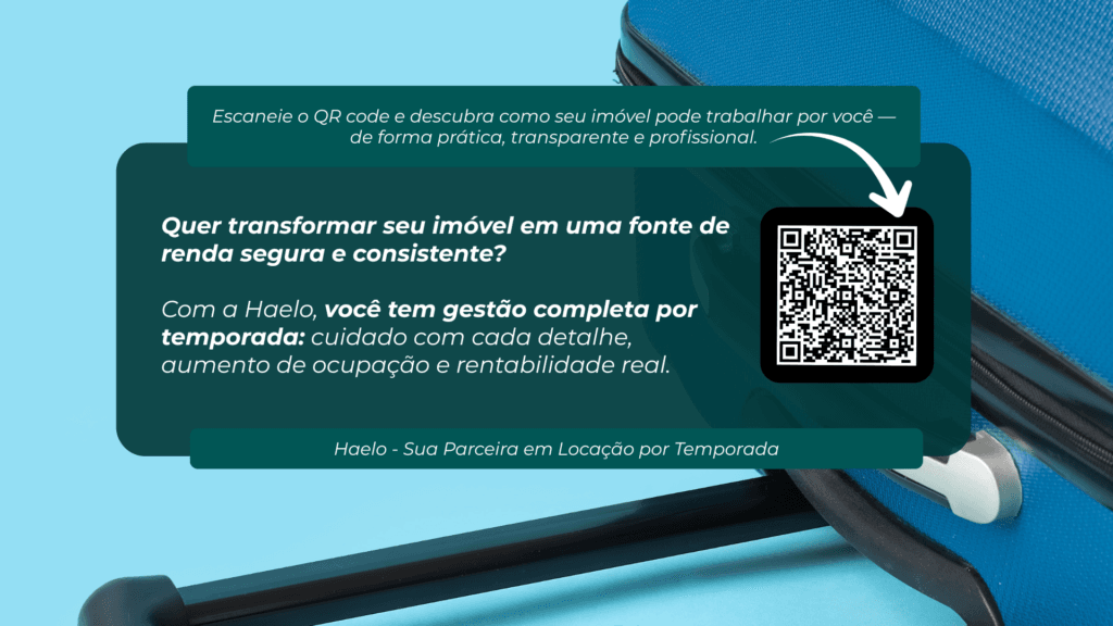 Banner da Haelo com QR code e mensagem sobre gestão completa de imóvel por temporada, ocupação e rentabilidade.