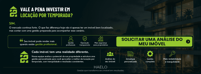 Banner da Haelo convidando proprietários a solicitar uma análise gratuita do imóvel e conhecer o potencial da locação por temporada com gestão profissional.
