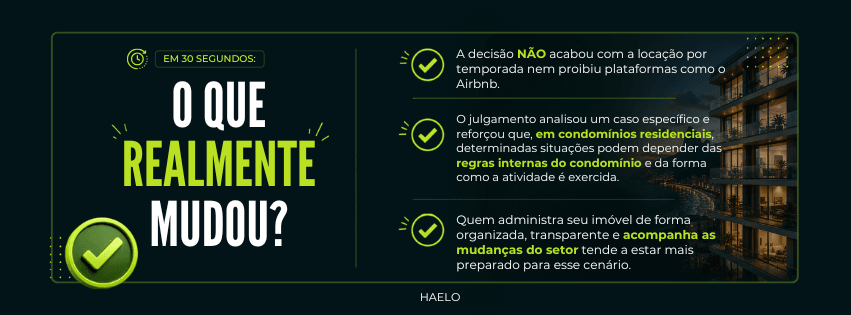 Infográfico resumindo a decisão do STJ sobre locação por temporada e Airbnb, explicando que cada imóvel deve ser analisado conforme as regras do condomínio.